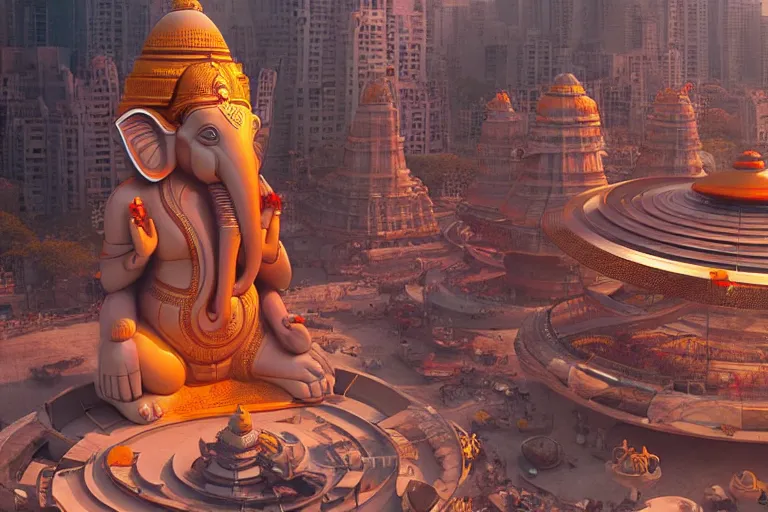 Image similar to beautiful futuristic new delhi, sci - fi ganesha!! building, kalighat flowers, octane highly detailed cinematic, stephen shore & john j. park, soft morning light, wide shot, aerial shot, uhd 8 k, shallow depth of field