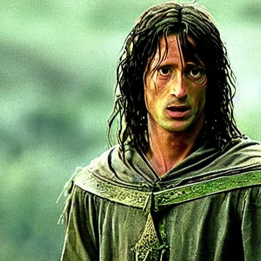 Image similar to a close shot of robert lewandowski as aragorn in the lord of the rings movie,,, fantasy, lord of the rings, movie screen shot