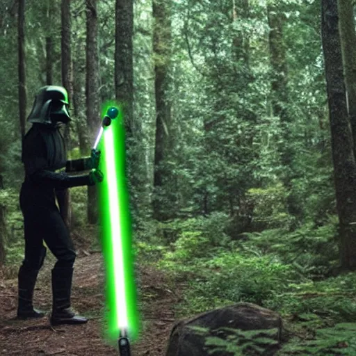 Prompt: Man wielding a light saber from Star Wars in real life in the forest, cutting down a tree using the light saber, 8k, cinematic, epic composition, award-winning