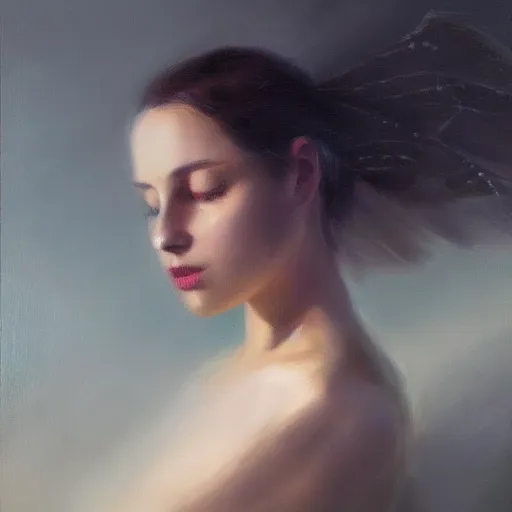Image similar to close portrait of a beautiful mysterious elegant moth, javascript enabled, oil on canvas, romanticism style, natural, mood lighting, dramatic, dreamlike, painterly, peaceful, digital art, highly detailed, trending on artstation
