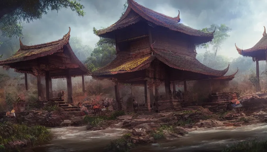 Prompt: matte painting of a beautiful tai yai village, digital art, trending on artstation