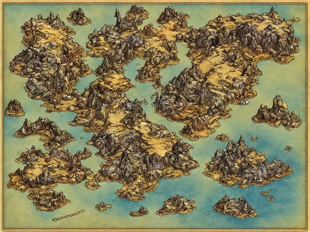 Image similar to an isometric fantasy map of a continent bordered by ocean by brian froud by jrr tolkien in the dungeons and dragons and disney styles painterly