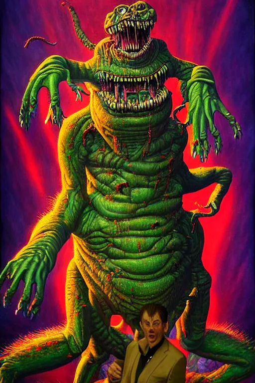 Prompt: a hyperrealistic painting of a epic boss fight against joe biden creature, cinematic horror by chris cunningham, lisa frank, richard corben, highly detailed, vivid color,