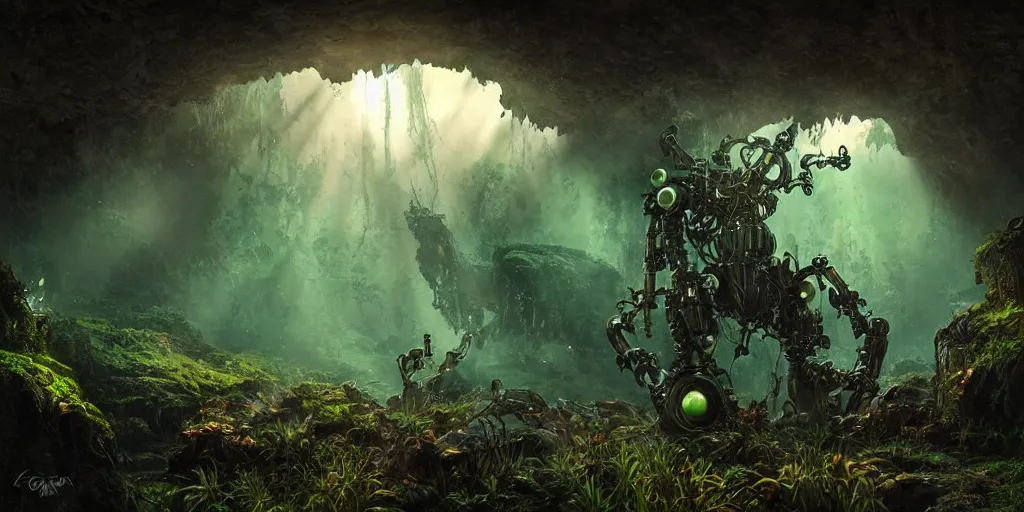 Prompt: magnificent mechanical steampunk robotlike creature looking eerily into a cave entrance with lush vegetation and mystical (((glowing algae))) in the sunset, light coming through from holes in the ceiling, desaturated, creepy ambiance, dangerous, sharp focus, highly detailed, artgerm