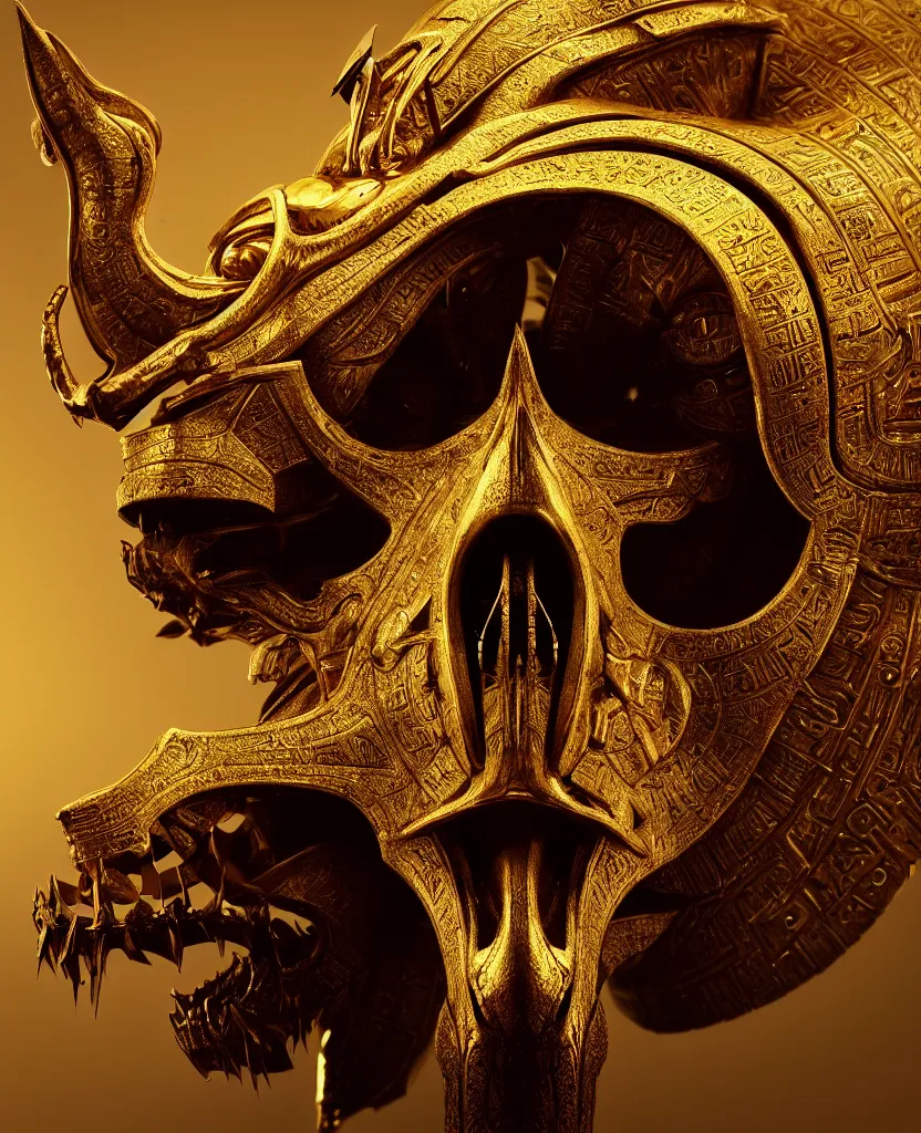 Image similar to Photorealistic epic egyptian god face close-up portrait ram skull, jackal skull, gold. ominous, ancient magic, intricate artwork by Tooth Wu and wlop and beeple and ryohei hase. octane render, trending on artstation, greg rutkowski very coherent symmetrical artwork. cinematic, hyper realism, high detail, octane render, 8k