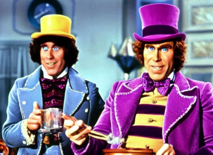 Image similar to film still of Will Farrel as Willy Wonka in Willy Wonka and the Chocolate Factory 1971