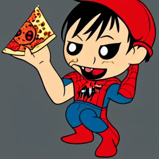 Prompt: a cartoony cute chibi spiderman eating pizza