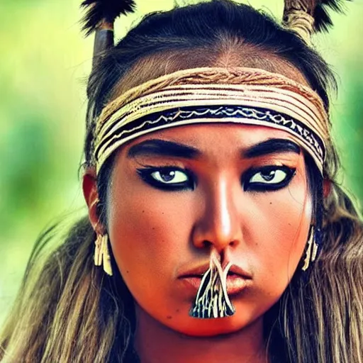 Image similar to hot tribal warrior cute girl big eyes pouty lips tanned skin white hair