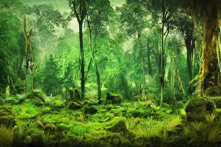 Prompt: ancient and prehistoric, the sparse grassland was dominated by herbaceous plants, followed by conifers and temperate and warm temperate broadleaved trees. in the asian rainforest immaculate details vintage polaroid photo hyper realistic ultra realistic photo realistic photography