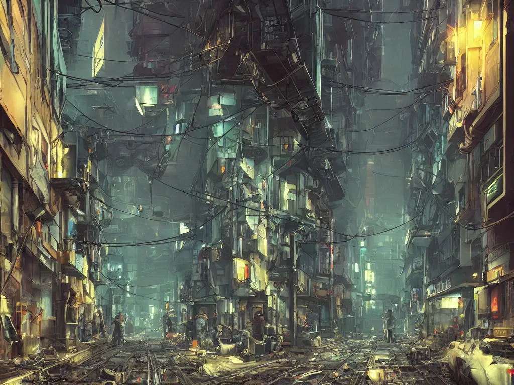 Image similar to futuristic dieselpunk narrow street, cable stone ground. lots hanging cables, tiny wires on the ground. garbage on the ground. rain. fog, haze, evening. led screens. neon signs. very sharp. cables on the ground. very messy. futuristic. photorealistic. artstation. anime. studio gimbli style. golden rate.