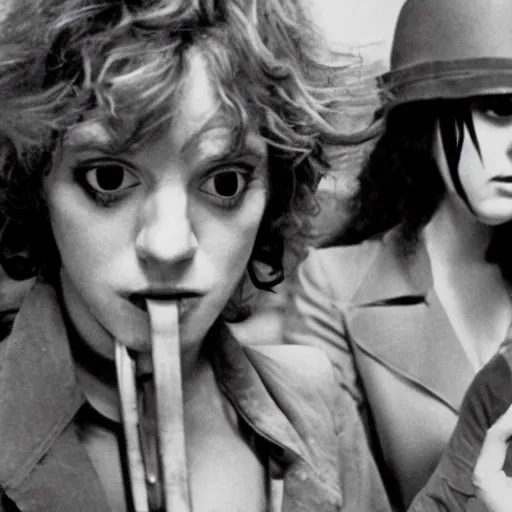 Prompt: A Clockwork Orange, women droogs, 1971 photography, female hooligans, shaggy haired punks, dystopian England