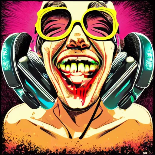 Prompt: artgerm, psychedelic laughing cronenberg horror, rocking out, headphones dj rave, digital artwork, r. crumb, svg vector