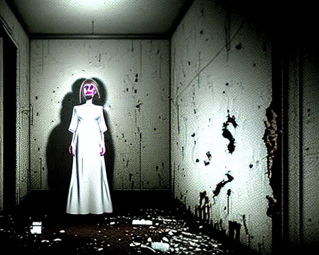 Image similar to creepy mangled woman wearing white dress standing in the backrooms, playable trailer, psychological horror, the eerie forlorn atmosphere of a place that's usually bustling with people but is now abandoned and quiet, buzzing fluorescent lights above the ceiling, unsettling images, liminal space, dark, created by hideo kojima