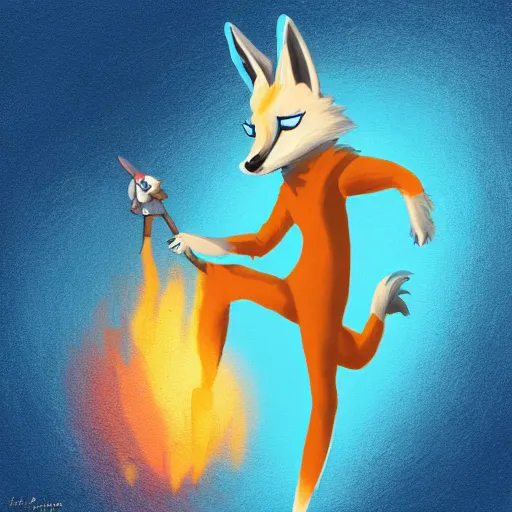 Image similar to An anthropomorphic fennec character from the furry fandom wearing a blue sweatshirt and holding fireballs in a fighting pose, digital painting, artstation, furry fandom, furaffinity