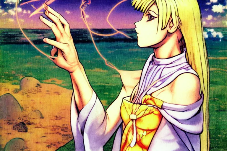 Prompt: a fantasy blond hair female priest casting a healing spell by hirohiko araki, character design, anime, color manipulation of paul gauguin, western pop culture, fashion,