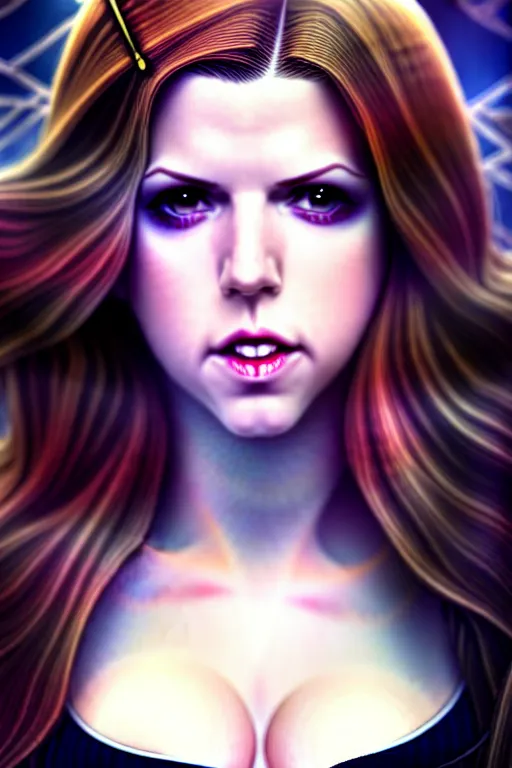 Image similar to ultra realistic, beautiful Anna Kendrick Zatanna DC Comics, full body, floating, on stage, symmetrical face symmetrical eyes, modern anime, fantasy, eerie, intricate details, atmospheric, elegant, super highly detailed, professional digital painting, artstation, concept art, 8k, art by artgerm and eiichiro oda and koyoharu gotouge