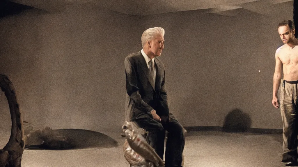 Prompt: a man listening to a reptilian humanoid, reptile, reptilian, draconian, movie still, cinematic composition, cinematic light, criterion collection, reimagined by industrial light and magic, Movie by David Lynch and Ridley Scott