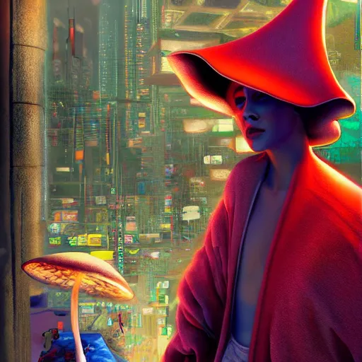 Prompt: A mushroom in a robe & pointed hat hyperrealism graffiti 8K 3D cyberpunk hyperdetailed serene cosmic Nvidia GeForce RTX 3060 Ti Moebius polished elaborate complex meticulous Horde 3D, Rafael Santi”