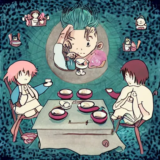 Image similar to tiny imaginary creatures having tea party inside a humans beard. anime. in a style of hayao miyazaki.