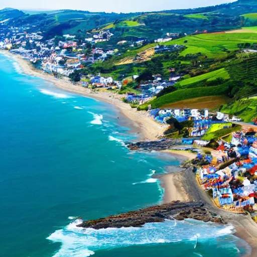 Image similar to down angled view of an seaside town, ocean, town, beach, hills