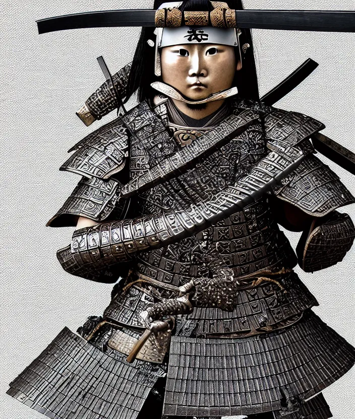 Prompt: detailed photorealistic ancient japanese samurai warrior soldier with traditional japanese engravings and ornamentation on armor and weapons, and shining metallic 3 d surfaces, japanese calligraphy, wide angle, 3 d