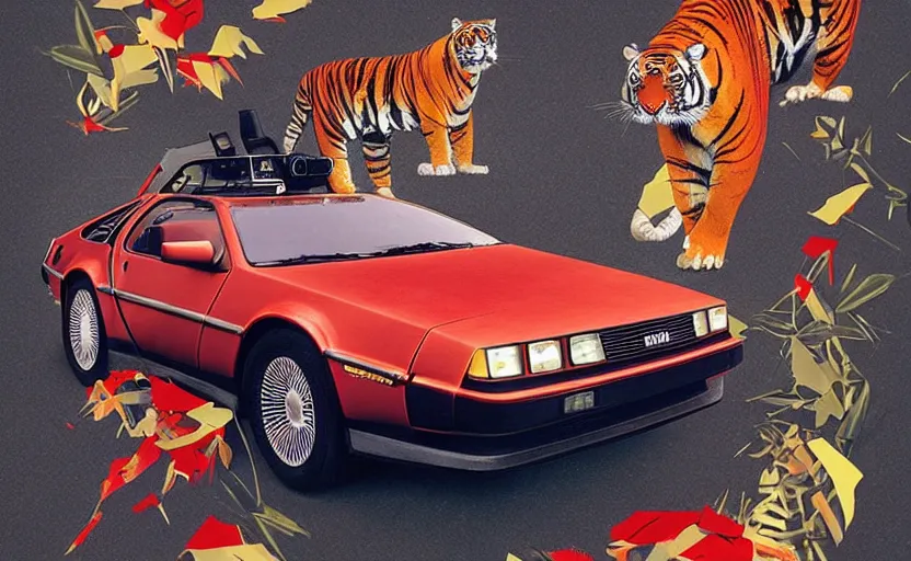 Image similar to a red delorean with a yellow tiger, art by hsiao - ron cheng in a magazine collage style, # de 9 5 f 0