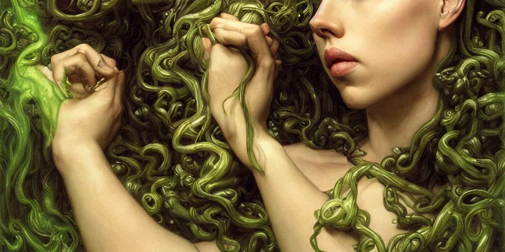 Prompt: epic masterpiece portrait of medusa played by scarlett johansson, followed by head with many souls, beautiful face and flawless skin, perfect hands, emeralds by Edgar Maxence and Ross Tran and Michael Whelan
