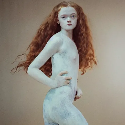 Image similar to sadie sink realistic expired kodak film full body portrait of an angel performer,, hyperrealism, hypermaxiymalism, photorealistic, detailed, atmospheric, 8 k, award winning photography, cinematic