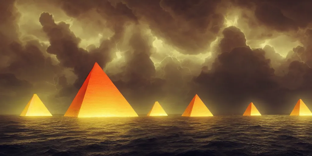 Prompt: ominous glowing pyramids in the middle of a stormy ocean, art direction by beeple, enigmatic scene, rembrandt lighting, unreal engine, ray - tracing, 4 k, high detail, widescreen desktop wallpaper