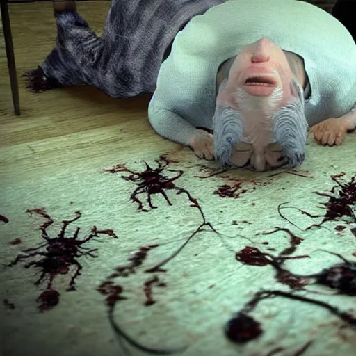 Prompt: an ultra realistic 8 k hdr photo of an elderly jagged raggedy witch woman circled up on the floor over a corpse with blood and meat and bones and mold and spider webs