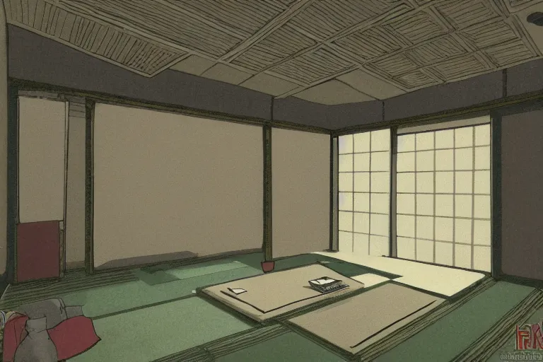 Image similar to high detail concept art of japanese room, sen no rikyu, urasenke, tokonoma, paint style