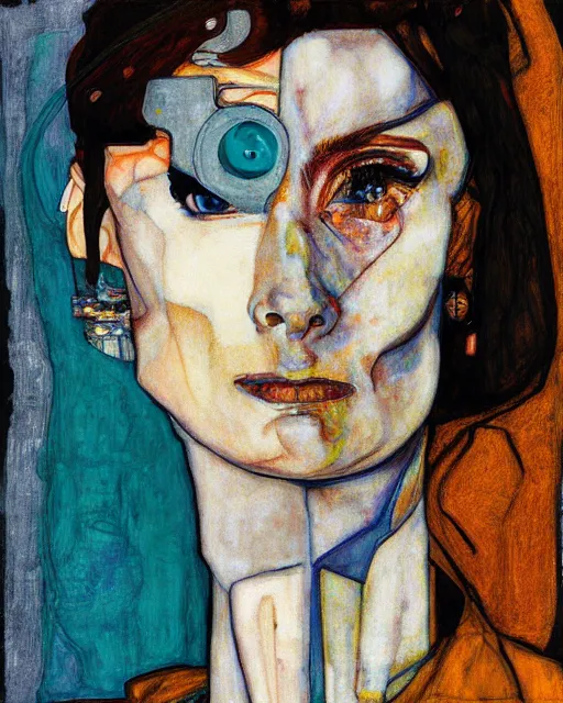 Image similar to portrait of cyberpunk audrey hepburn by egon schiele in the style of greg rutkowski