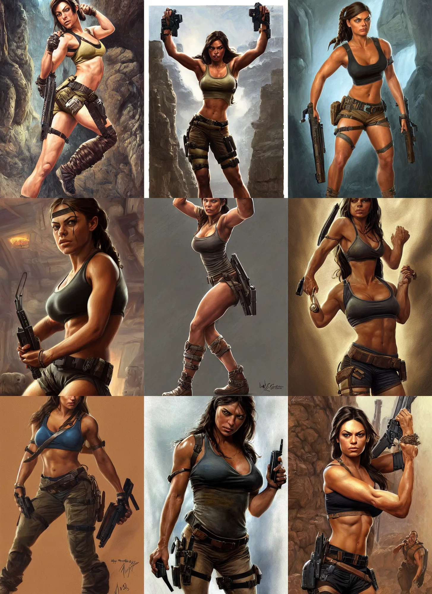 Prompt: portrait of very muscled Mila Kunis as Lara Croft with pistols drawn hiding from a few scary creepy mummies, elegant, highly detailed, centered, digital painting, artstation, concept art, artgerm, donato giancola, Joseph Christian Leyendecker, WLOP, Boris Vallejo, Artgerm