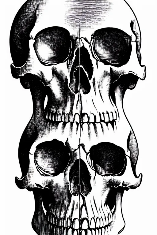 Prompt: one anatomical skull on white background, art by james o barr and albrecht durer, woodblock print, engraved, black and white, vector, vector art