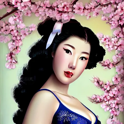 Prompt: pin - up portrait of a beautiful young traditional korean woman, pretty long hair, traditional lingerie, ad for lingerie, cherry blossoms, intense flirting, showing curves, symmetrical face, digital art, smooth, extremely detailed, model pose, by wu bayard, by gil elvgren, by ralph horsley, by hanks steve