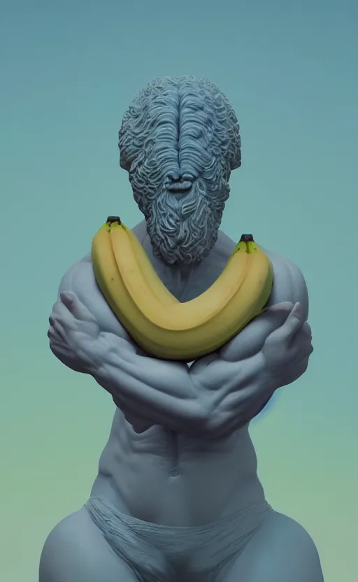 Prompt: soft greek sculpture of a banana man painted by james jean in pastel colors. artwork and beeple and dan mumford and greg rutkowski and nekroxiii. halo. octane render, cinematic, hyper realism, octane render, 8k, depth of field, bokeh. iridescent accents. vibrant.