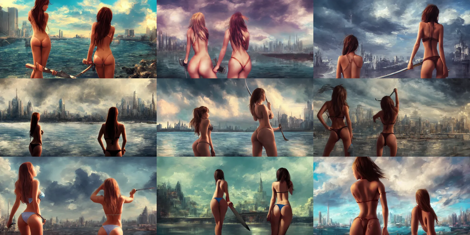 Prompt: back shot of one beautiful girl in bikini gazing back into camera, holding two swords, digital art by wlop. artstation contest winner, cinematic paint. lower shot. dramatic cloud and ruined city in background.