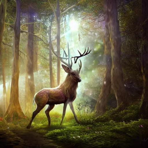 Image similar to hyper realistic beautiful fantasy elven celestial stag, in a magical and beautiful highly detailed forest background. sunlight rays throught the trees. concept digital art 8 k rendering.