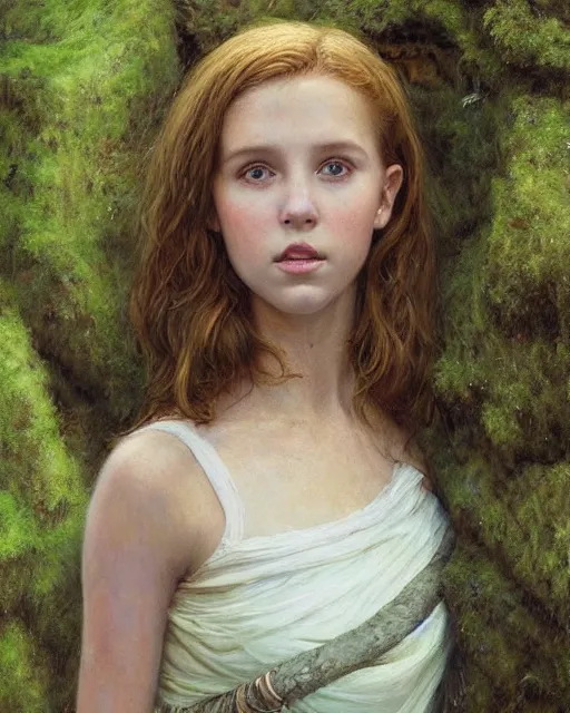 Image similar to a well - lit, realistic oil painting portrait of a girl resembling a young, shy, redheaded irish alicia vikander or millie bobby brown in moss - covered ancient stone ruins at sunset, highly detailed, intricate, concept art, artstation, by donato giancola, ron cobb, and artgerm