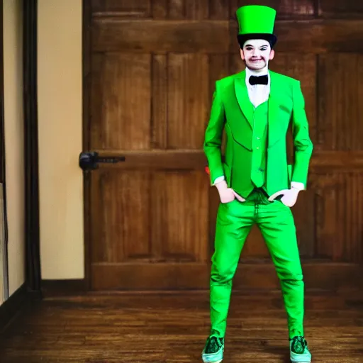 Image similar to jacksepticeye wearing green top hat and green outfit