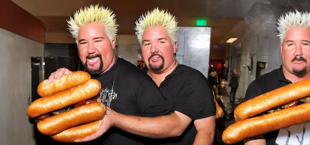 Image similar to guy fieri in a dim hallway, cradling the biggest hot dog in the world. the hot dog is extremely heavy.
