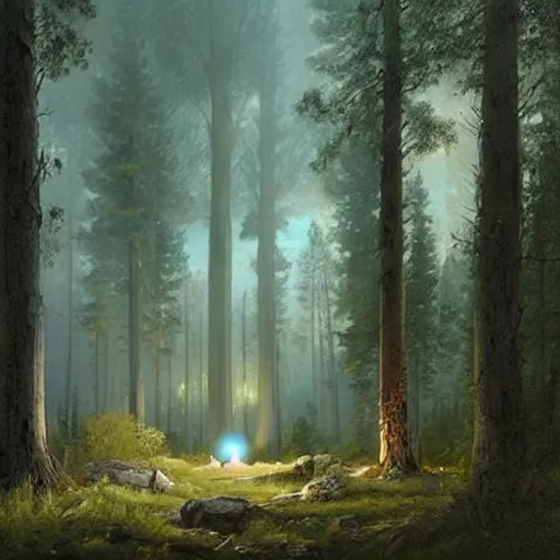 Prompt: mysterious perpetual energy facility, glowing, woods and wilderness, Ivan Shishkin and Greg Rutkowski