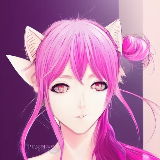 Image similar to A full headshot portrait of a woman with cat ears and pink hair, By shirow masamune, WLOP, Avetetsuya Studios, colored sketch anime manga panel, trending on artstation, pixiv art, smooth, artgem, elegant, highly detailed, pixiv trending, anime inspired, by studio trigger, attractive character