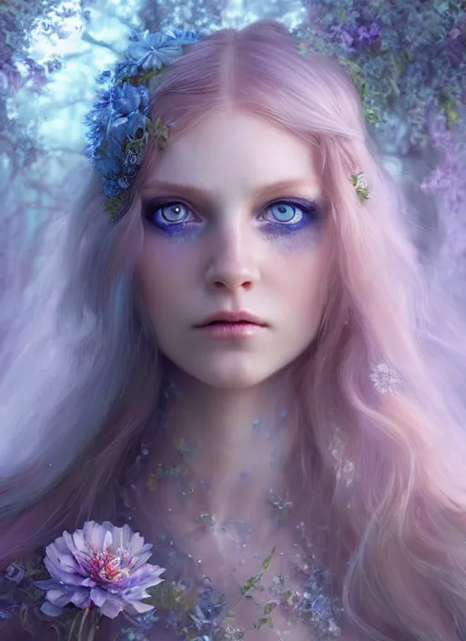 Prompt: portrait of a gorgeous fairy princess of the forest, perfect blue eyes, detailed iridescent floral pattern skin, 8k render, ultra realistic, cinematic lighting, artstation, artgerm, Seb McKinnon