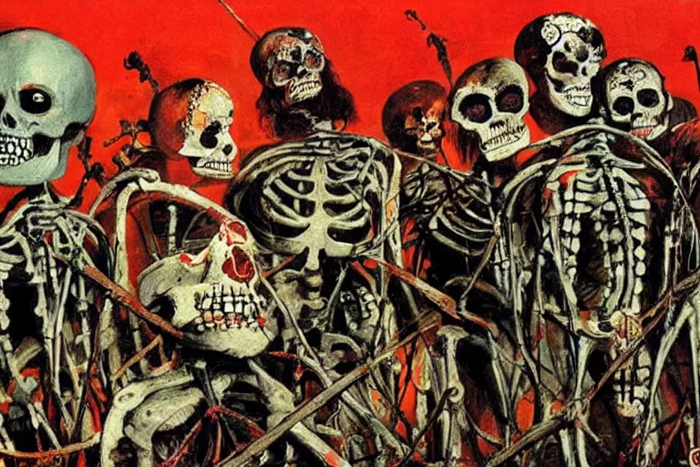 Image similar to scene from spartacus, day of the dead, cyber skeleton, neon painting by otto dix