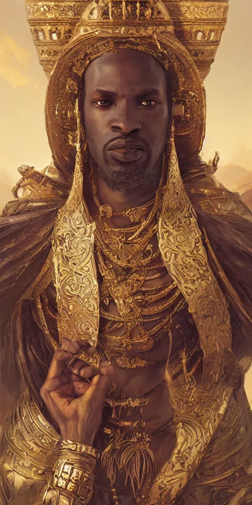 Prompt: a stunning and noble highly detailed romantic period style portrait of Mansa Musa by Josep Tapiró Baró and Greg Rutkowski, trending on artstation, oil painting masterpiece, symmetry, African iconography