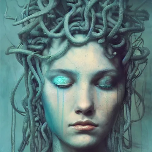 Prompt: Medusa by cy Twombly and BASTIEN LECOUFFE DEHARME, iridescent, volumetric lighting