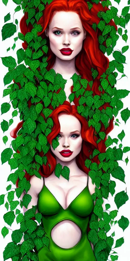 Prompt: beautiful Madelaine Petsch poison ivy DC comics, evil smile, full body green dress, realistic character concept, fun pose, comic book, illustration, slender symmetrical face and body, vines flowers and plants, artstation, cinematic lighting, hyperdetailed, high resolution, Charlie Bowater, Tom Bagshaw, single face, insanely detailed and intricate, beautiful