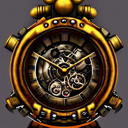 Prompt: post-apocalyptic steampunk watch, golden and purple, artstation, high detailed