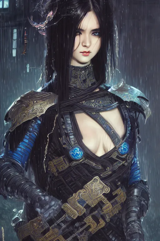 Image similar to portrait Ninja gaiden girl, armored black and blue ninja wardrobe, in ruin japanese rainny temple night, ssci-fi and fantasy, intricate and very very beautiful and elegant, highly detailed, digital painting, artstation, concept art, smooth and sharp focus, illustration, art by tian zi and WLOP and alphonse mucha